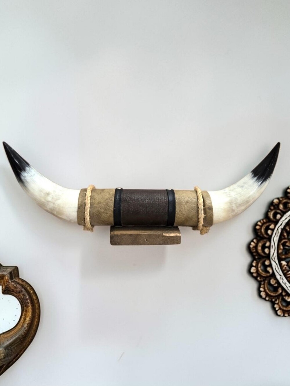 Wall Mount Bull / Steer Horns Cowhide & Rope Wrap Western Cabin Ranch 18 In.